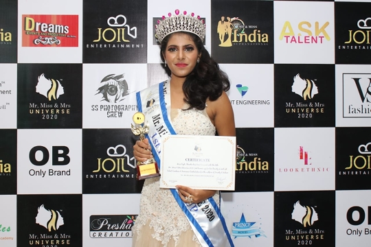 Dipti Shendre Winner Of Joil Entertainment’s  Miss Universe 2020 As 1st Runner Up  With Subtitle Winner Miss Photogenic