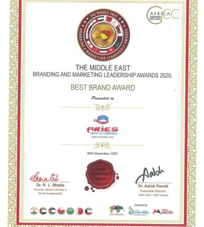 Aries Group Of Companies Awarded The BEST BRAND Title By Middle East Branding And Marketing Leadership Awards 2020
