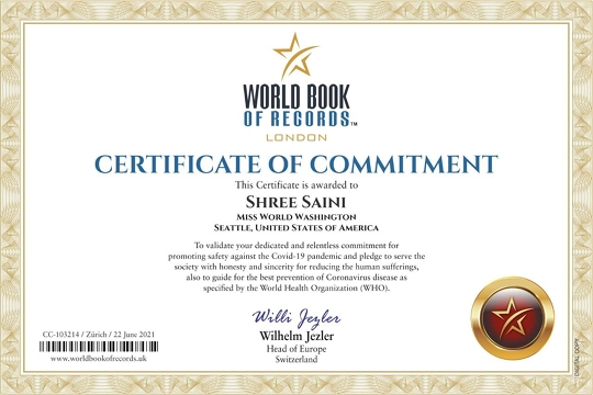 World Book Of Records Honours Miss World America WA Shree Saini For COVID-19 Work
